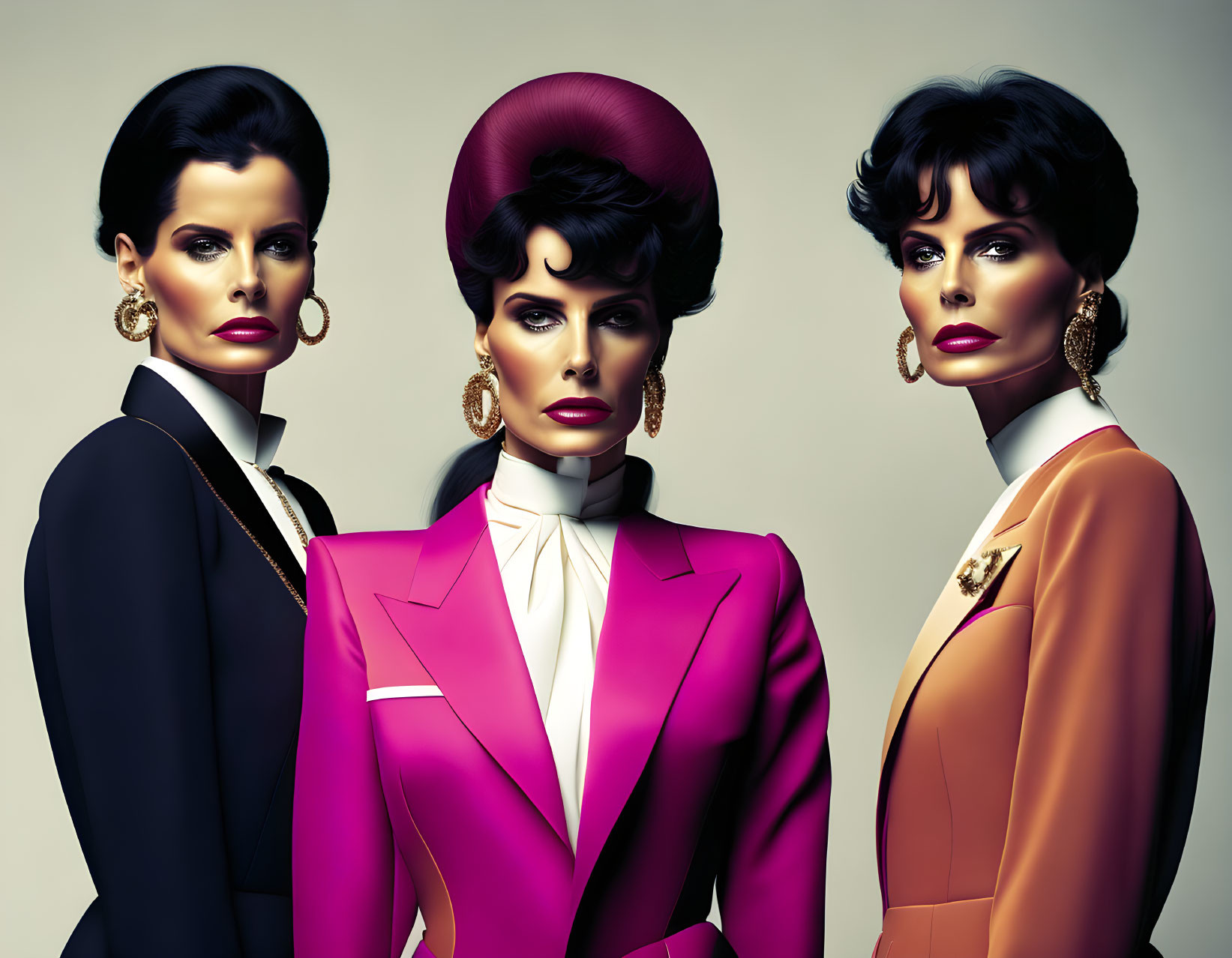 Three women with dramatic makeup and vintage fashion posing against neutral backdrop