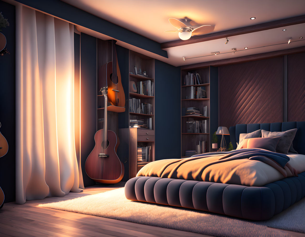 Warmly lit bedroom with plush bed, guitar, bookshelves, and ceiling fan