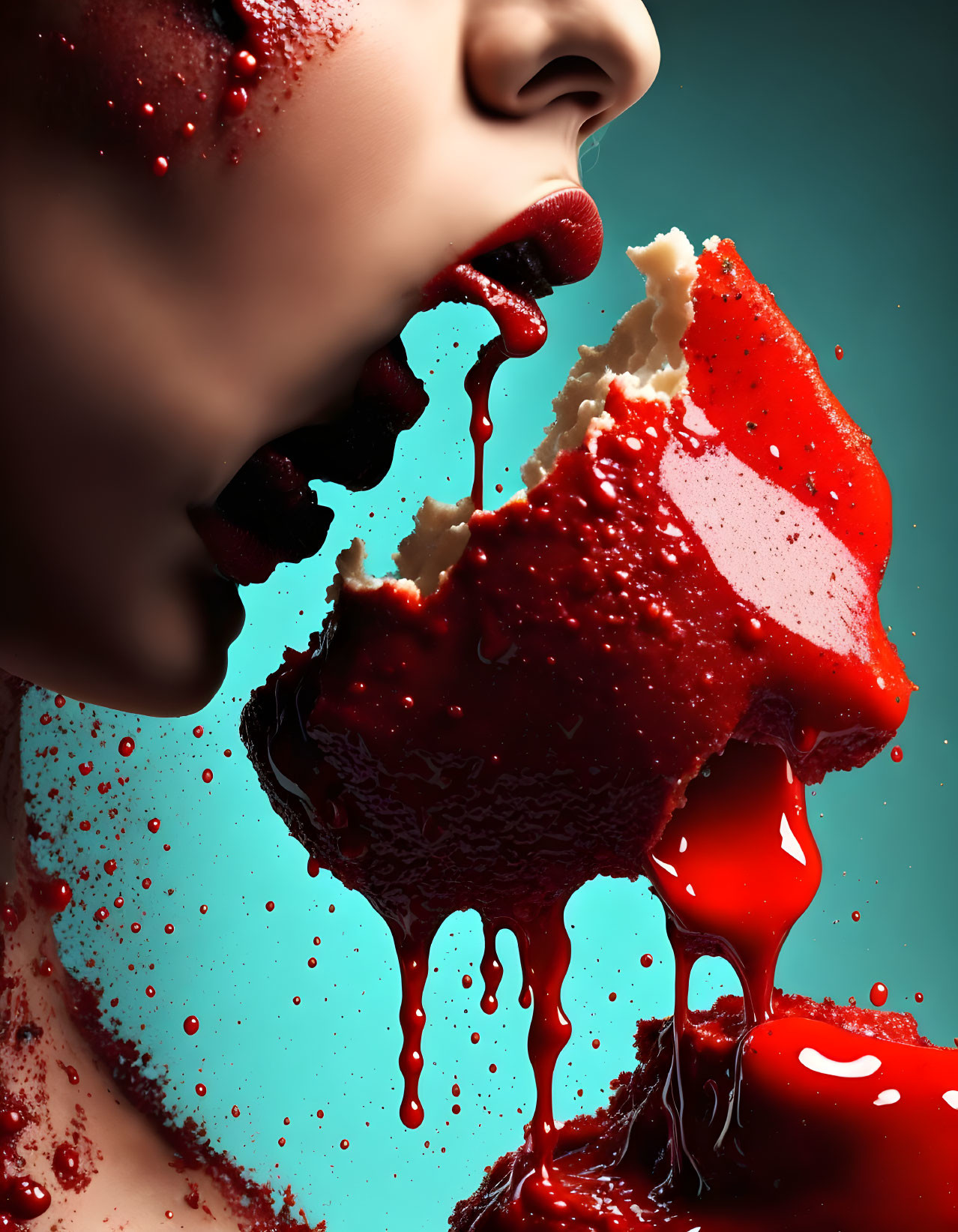 Person biting into cherry with splashing red juice