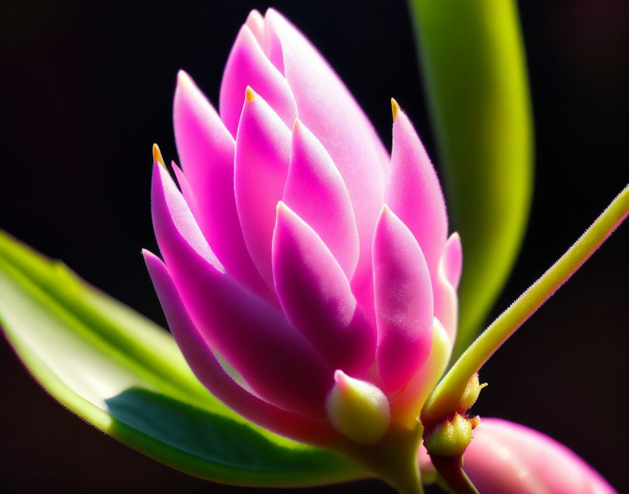 Vibrant pink flower with layered petals and green leaves on dark background