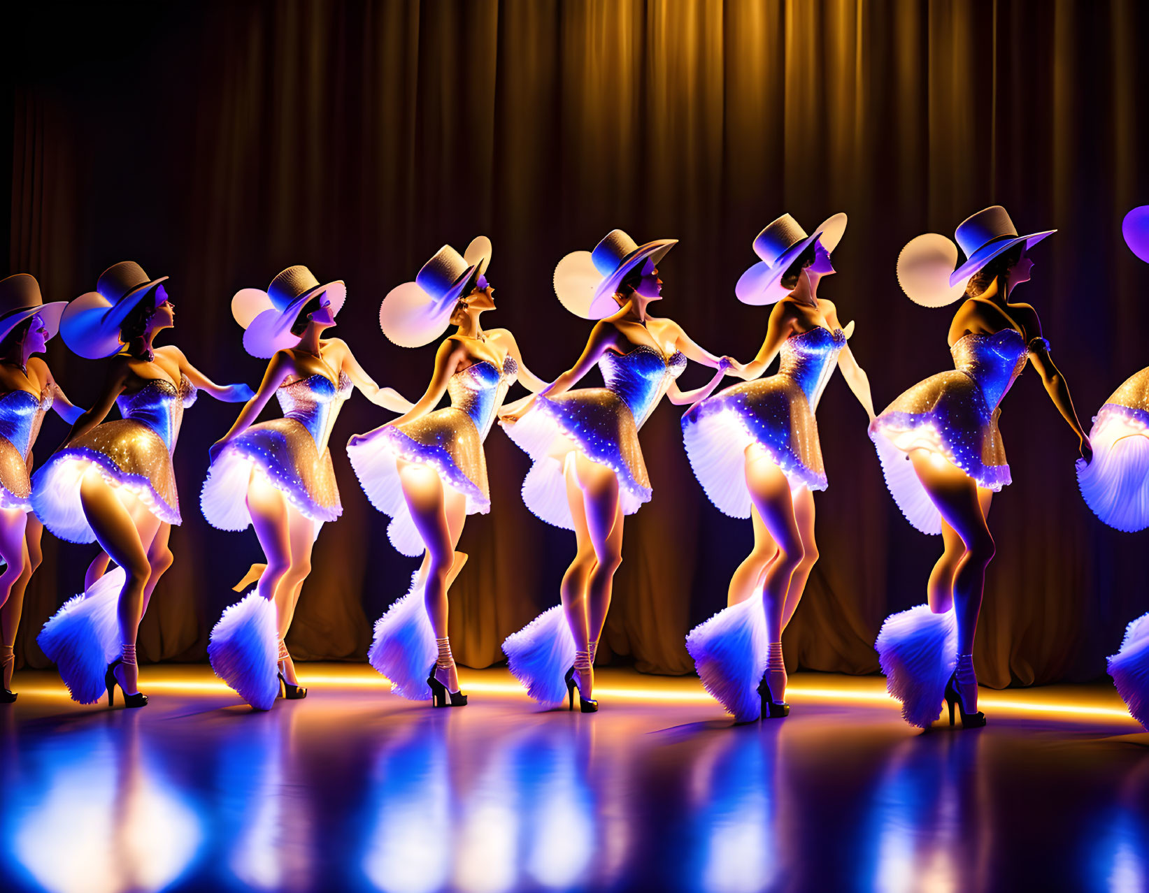 Dancers in Sparkling Costumes with Feather Fans and Large Hats Synced Routine