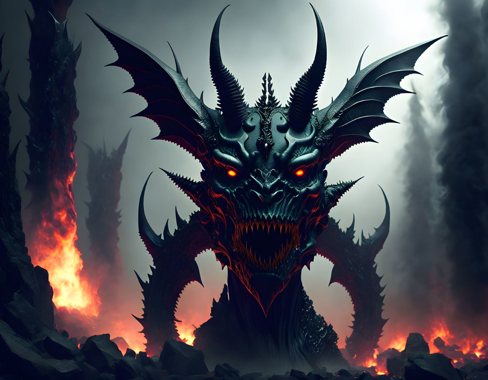 Majestic dragon in volcanic landscape with glowing red eyes