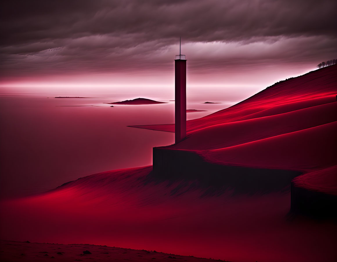 Surreal red landscape with solitary tower overlooking stormy sea