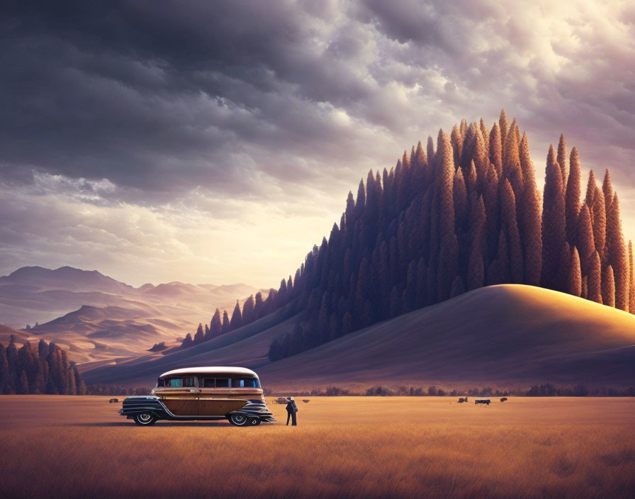 Vintage bus and two people on surreal landscape with rolling hills, amber fields, and towering cone-shaped trees