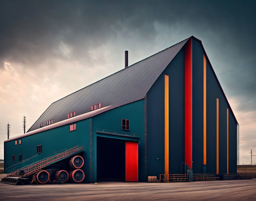 Industrial building with dark teal facade and red-yellow stripes against moody sky