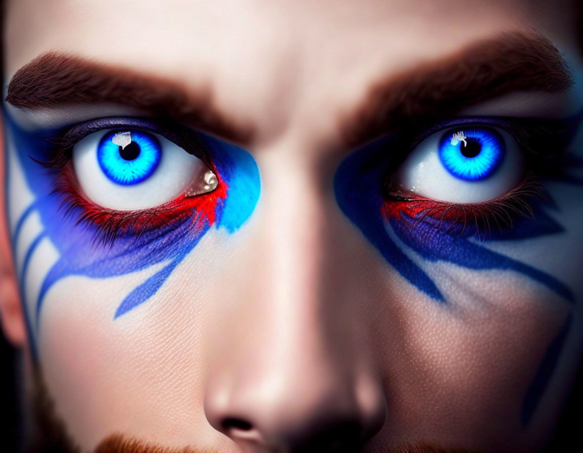 Close-up of person with vibrant blue eyes and dramatic blue and red face paint.