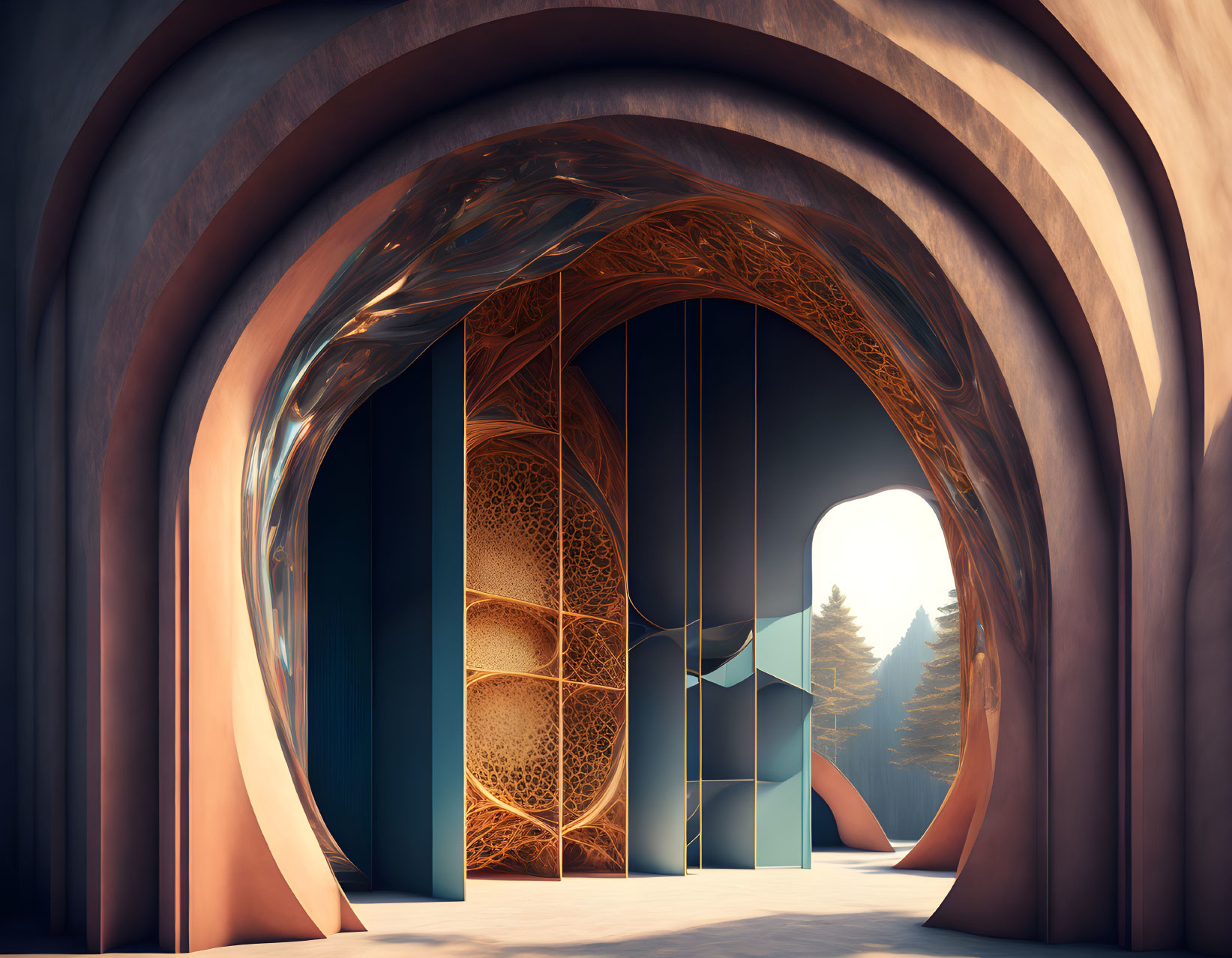 Abstract architecture scene with layered arches and geometric door pattern in warm tones.