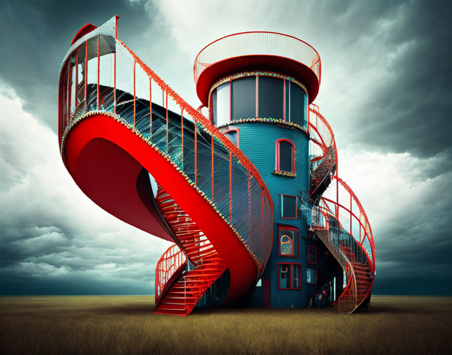 Surreal blue cylindrical building with red spiral staircases in stormy sky scene