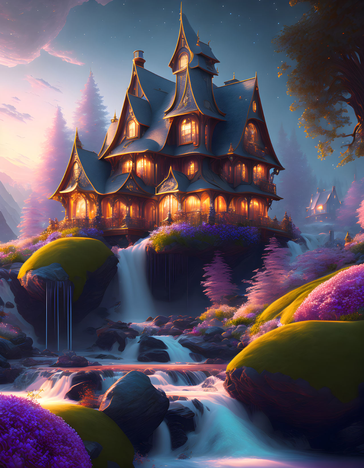 Enchanting house with gables and towers near waterfall in twilight forest