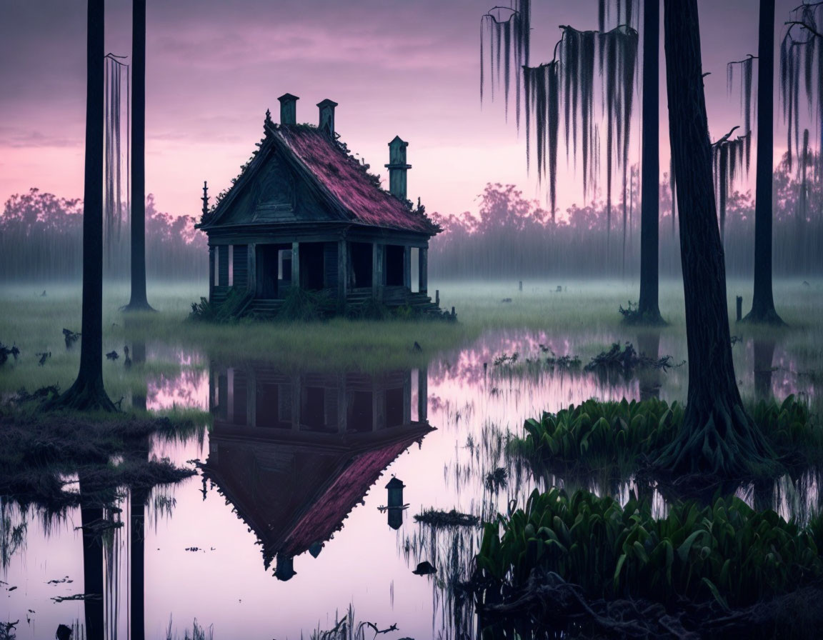 Weathered wooden facade and chimney of abandoned house in misty twilight setting surrounded by water and moss-covered