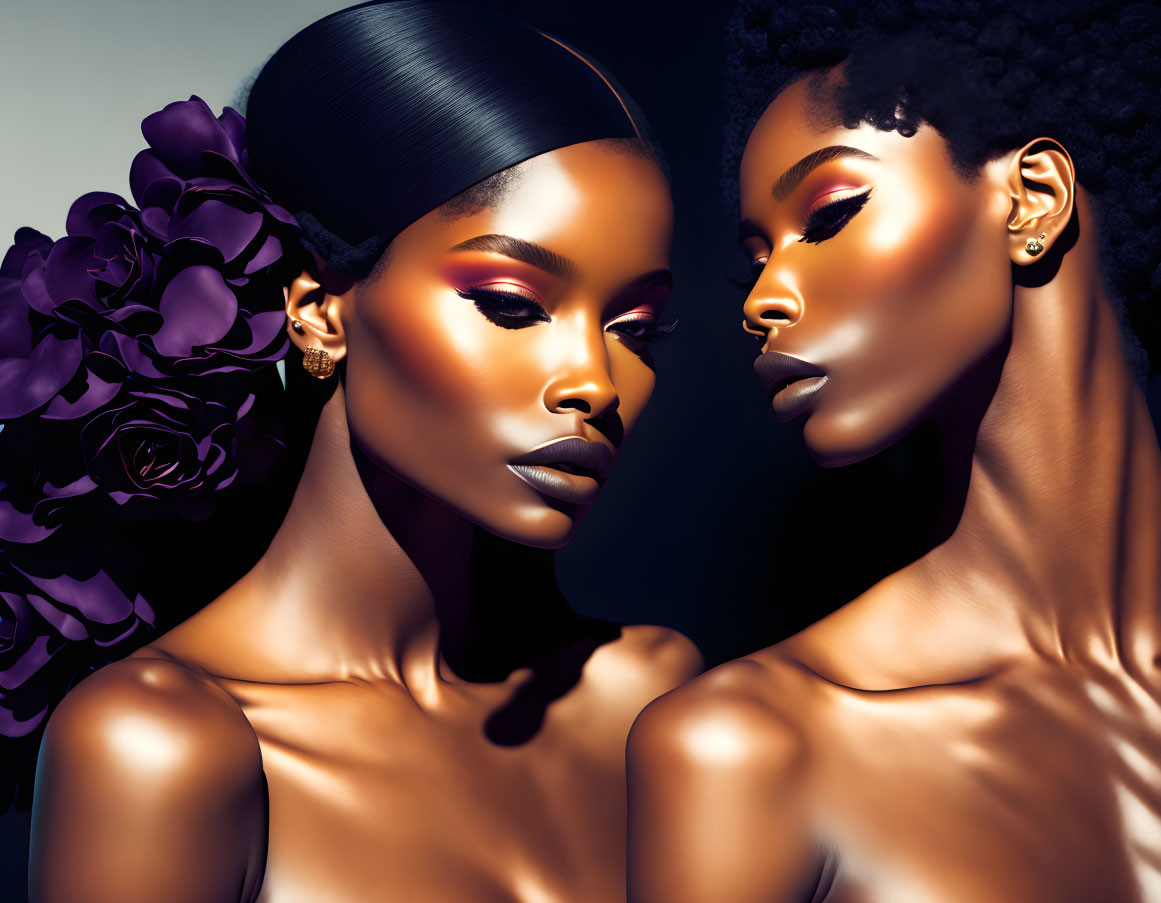 Two women with flawless makeup and glowing skin showcasing head wrap and afro hairstyles.