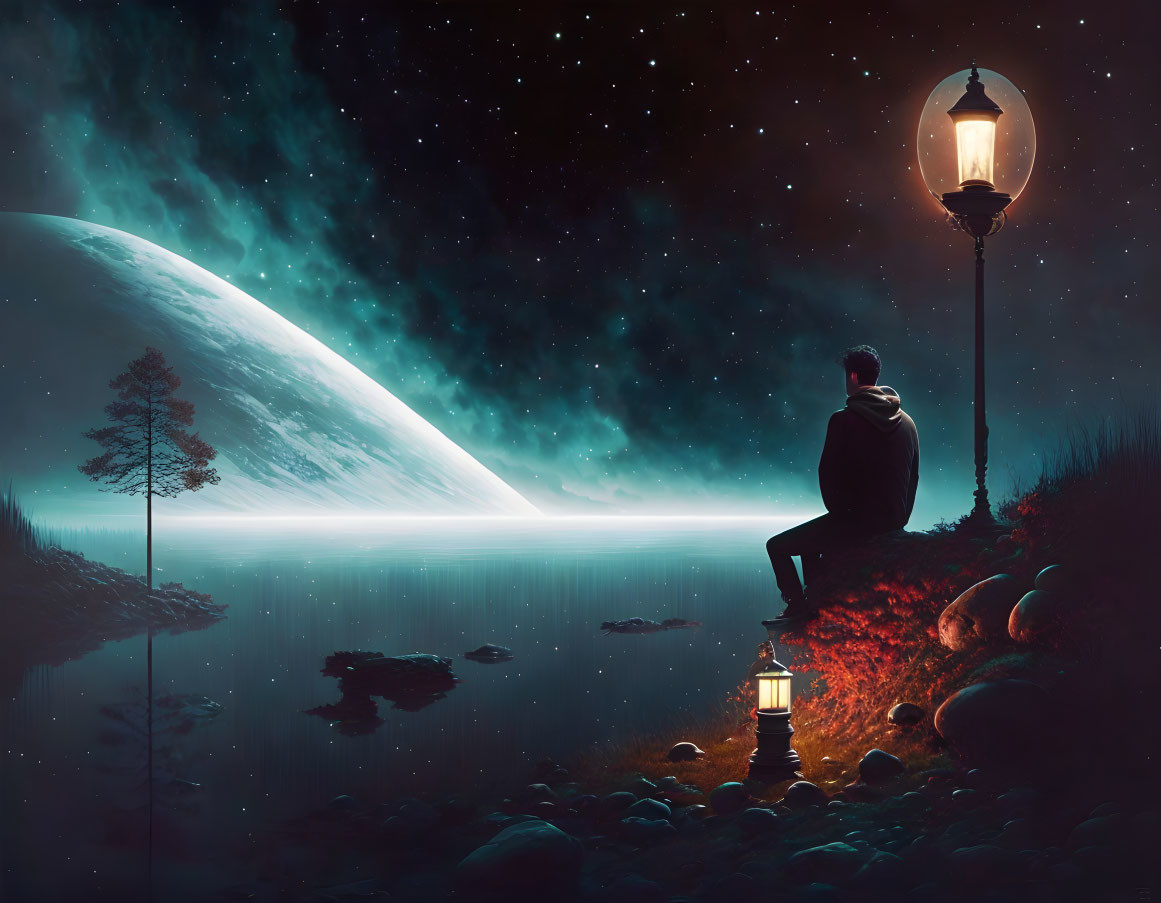 Person sitting by serene lake under starry sky with large planet, lamp post, and lantern.