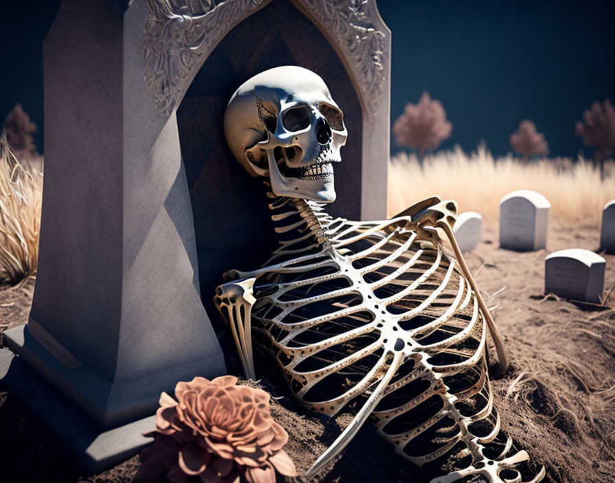 Skeleton reclining against headstone in sandy graveyard with tombstones and dry grass.