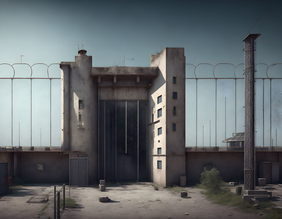 Abandoned prison gate with barbed wire and watchtowers under clear sky