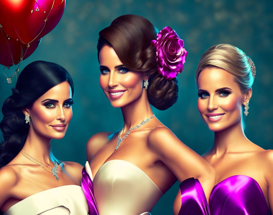 Elegant women in evening gowns and jewelry smiling with balloons