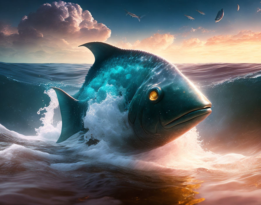 Giant fish leaping from ocean waves at sunset with flying birds