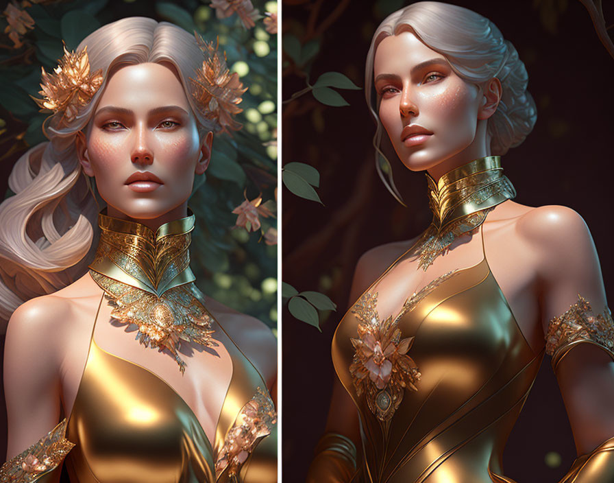 Ethereal Woman in Golden Attire with Foliage Accessories