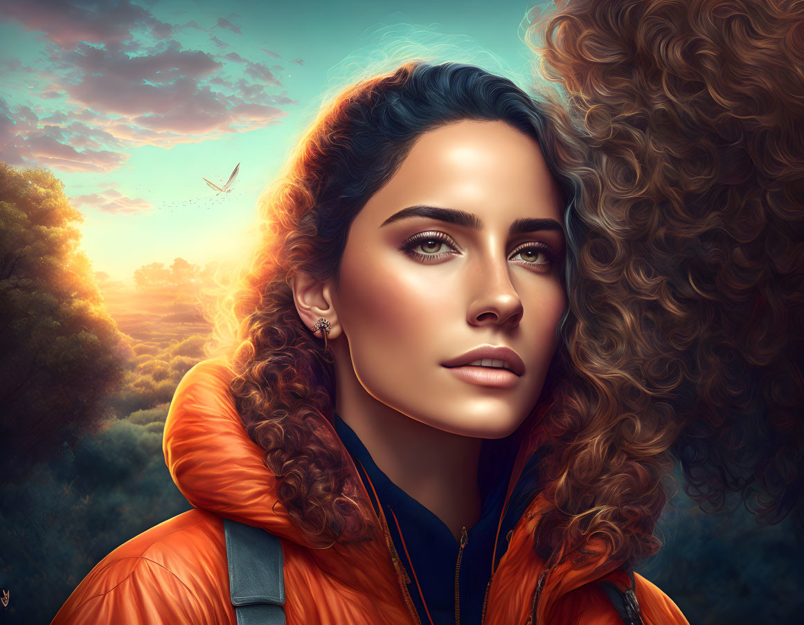 Curly-Haired Woman in Orange Jacket with Sunset Background