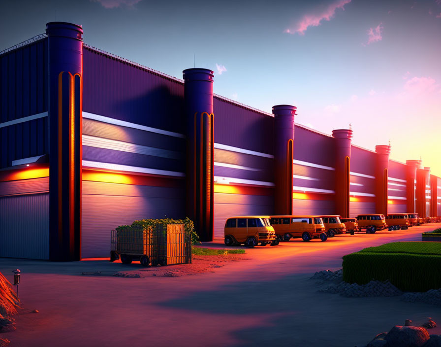 Spacious industrial warehouse at sunset with vibrant lighting and parked vehicles.