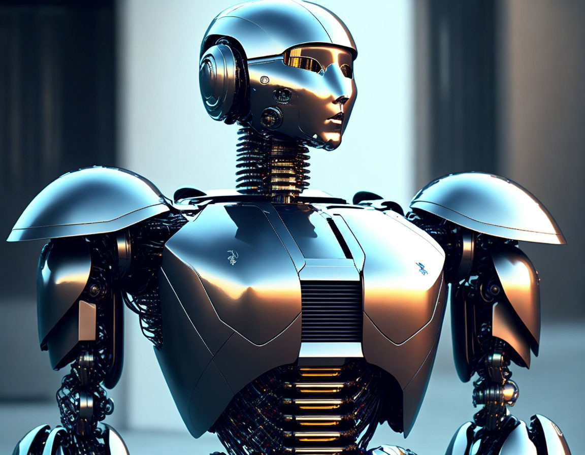 Detailed Metallic Humanoid Robot with Intricate Helmet and Segmented Armor Plates