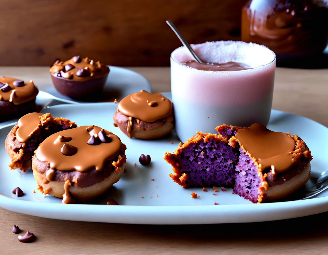 Purple Yam Mini Cakes with Chocolate Topping and Frothy Drink on Wooden Surface