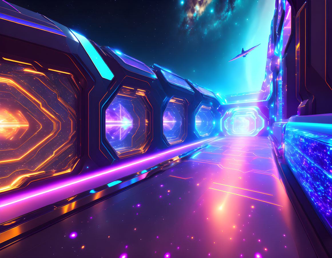 Futuristic corridor with neon lights and spaceship in starry sky