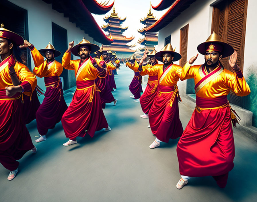 Traditional dancers in red and yellow costumes near temple with tiered roofs