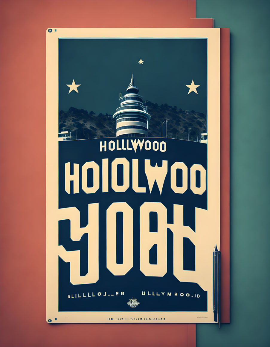 Vintage Hollywood Sign Poster with Creative Typography on Red and Teal Wall