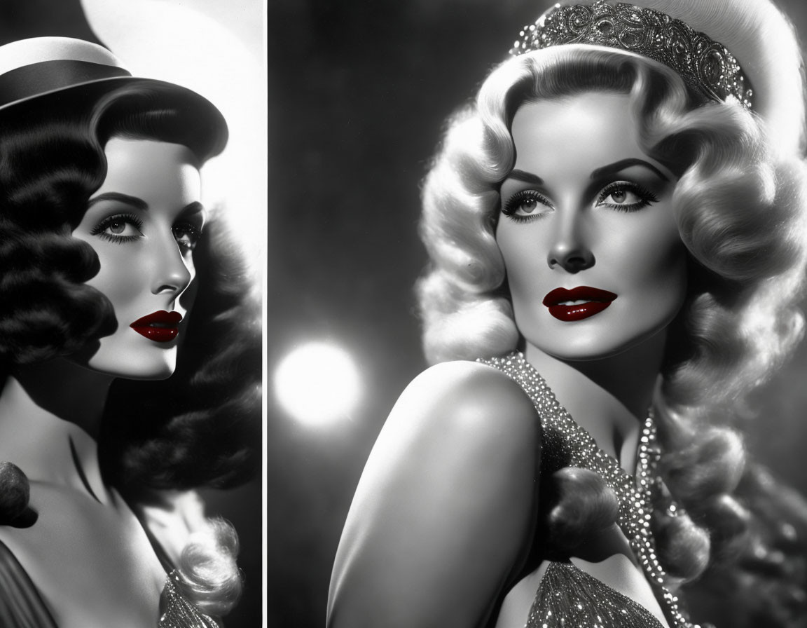 Glamorous vintage black and white portrait of a woman with wavy hair and red lipstick wearing a