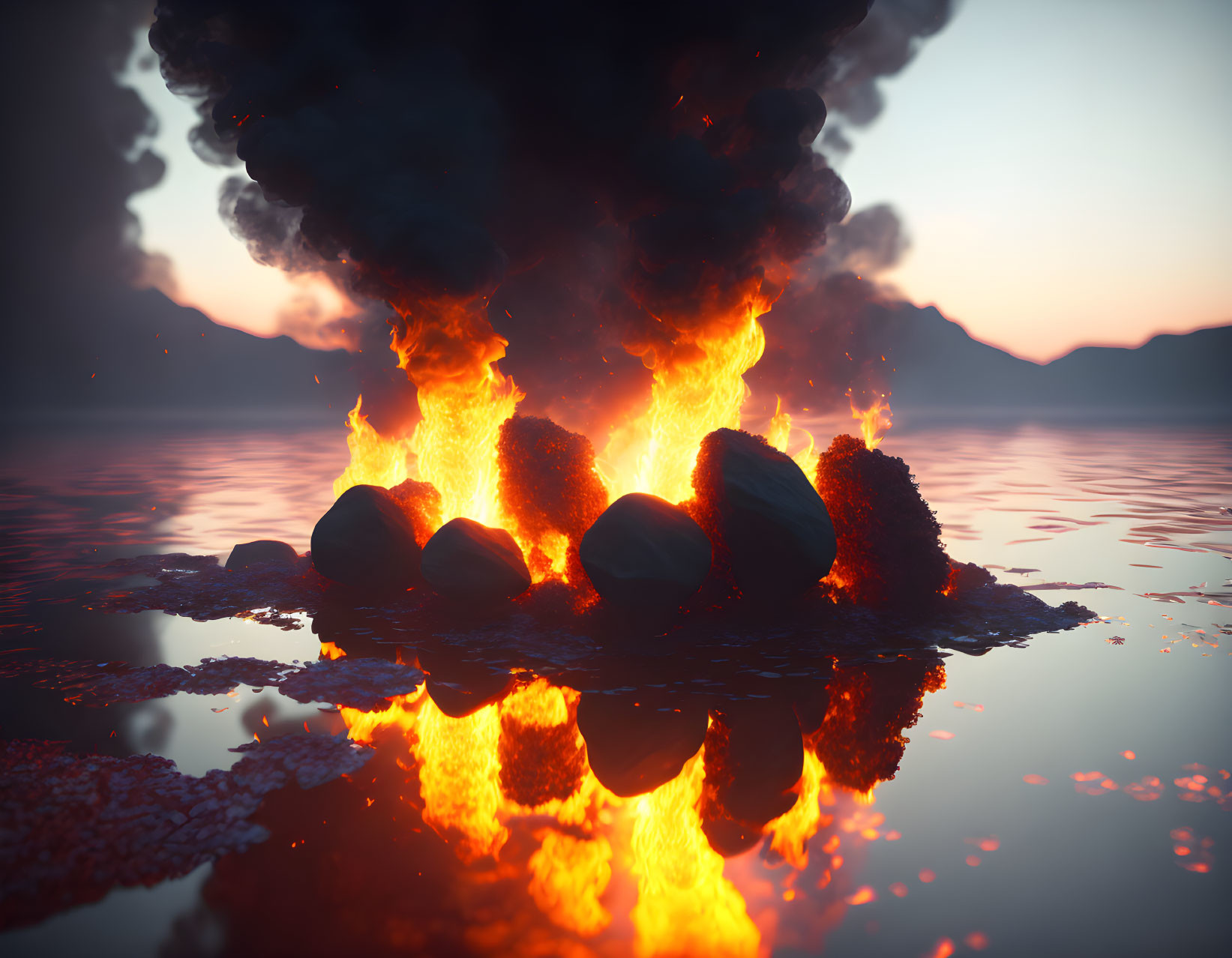 Explosion on serene lake at dusk with dark smoke and flames reflected in water.