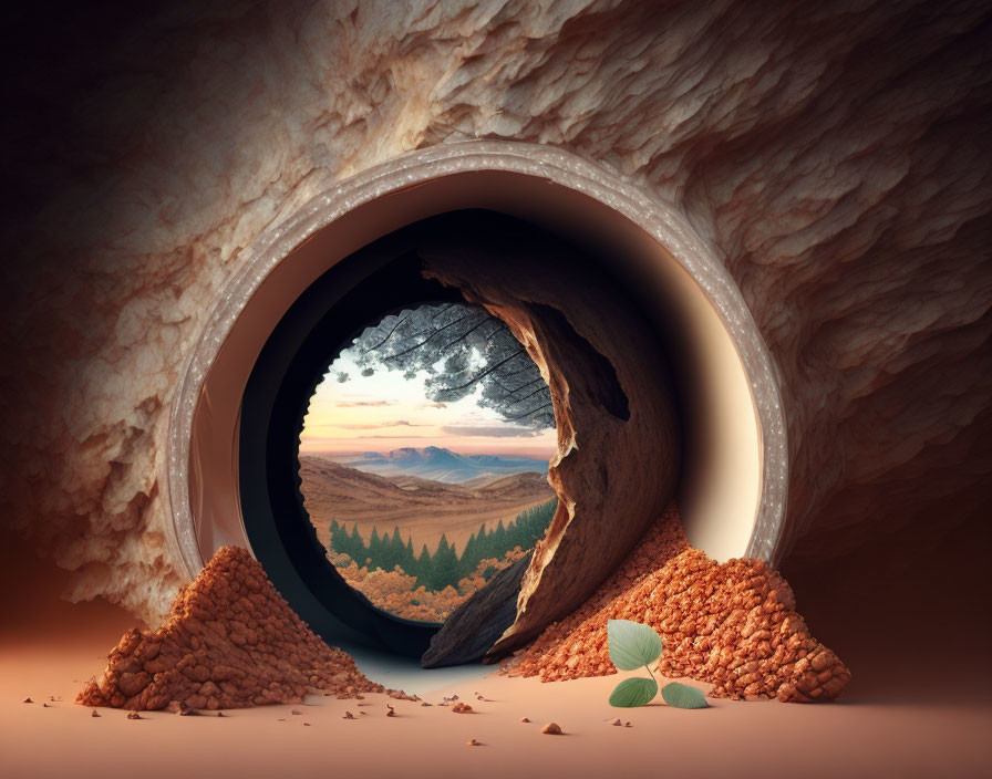 Circular Cave Opening Reveals Surreal Landscape