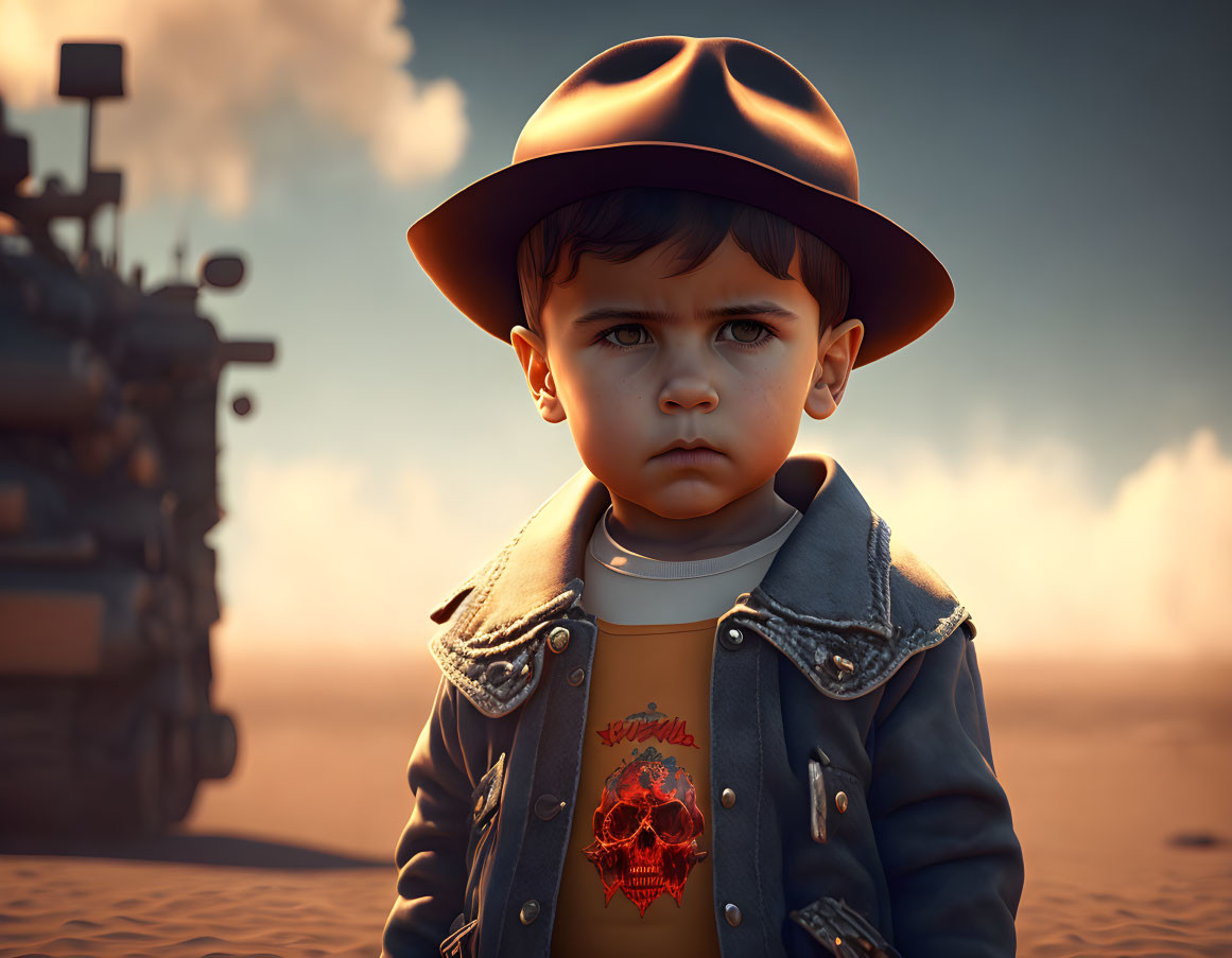 Young boy in hat and denim jacket with skull shirt in industrial setting