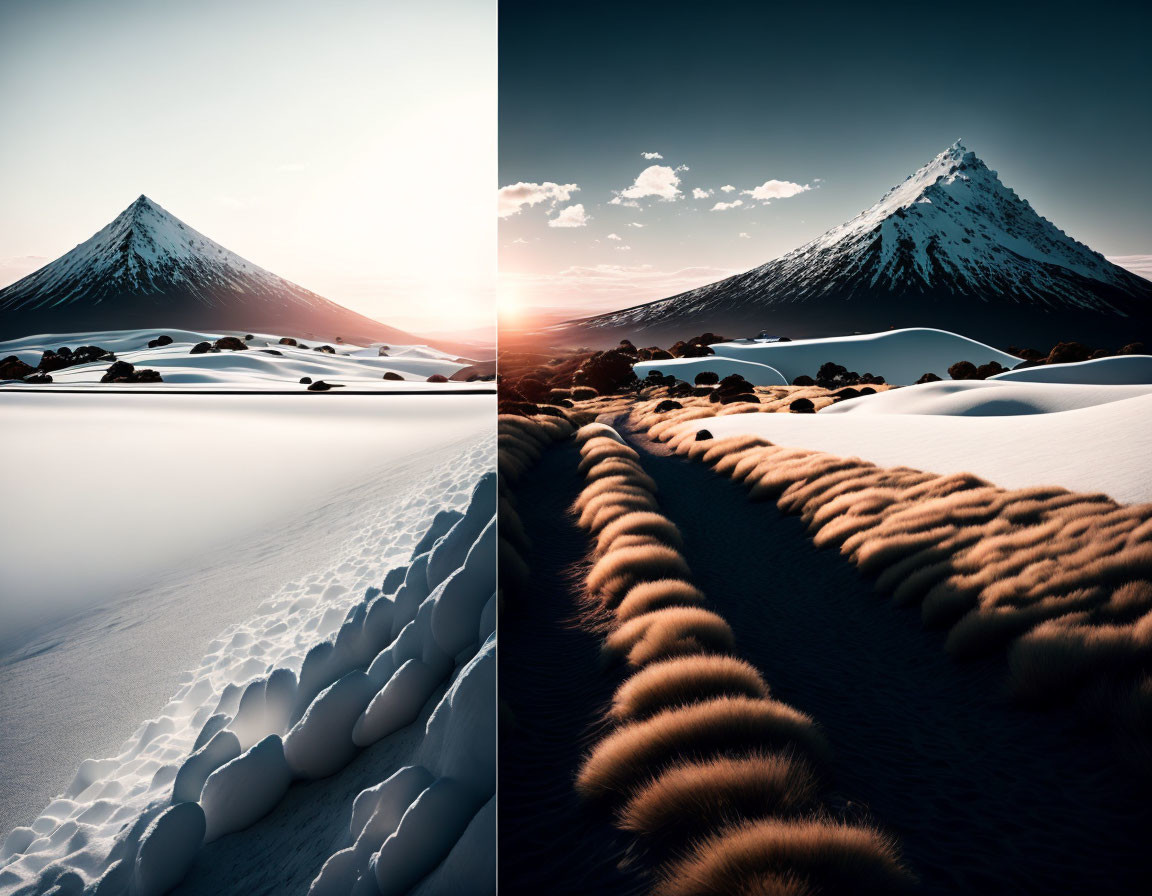 Snowy mountain split-image: sunrise contrasts smooth & textured snow surfaces, warm sunlight.