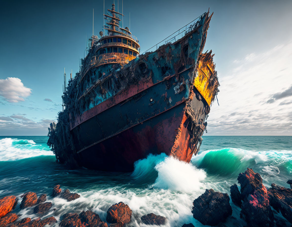 Rusting shipwreck on rocky shoreline with crashing waves