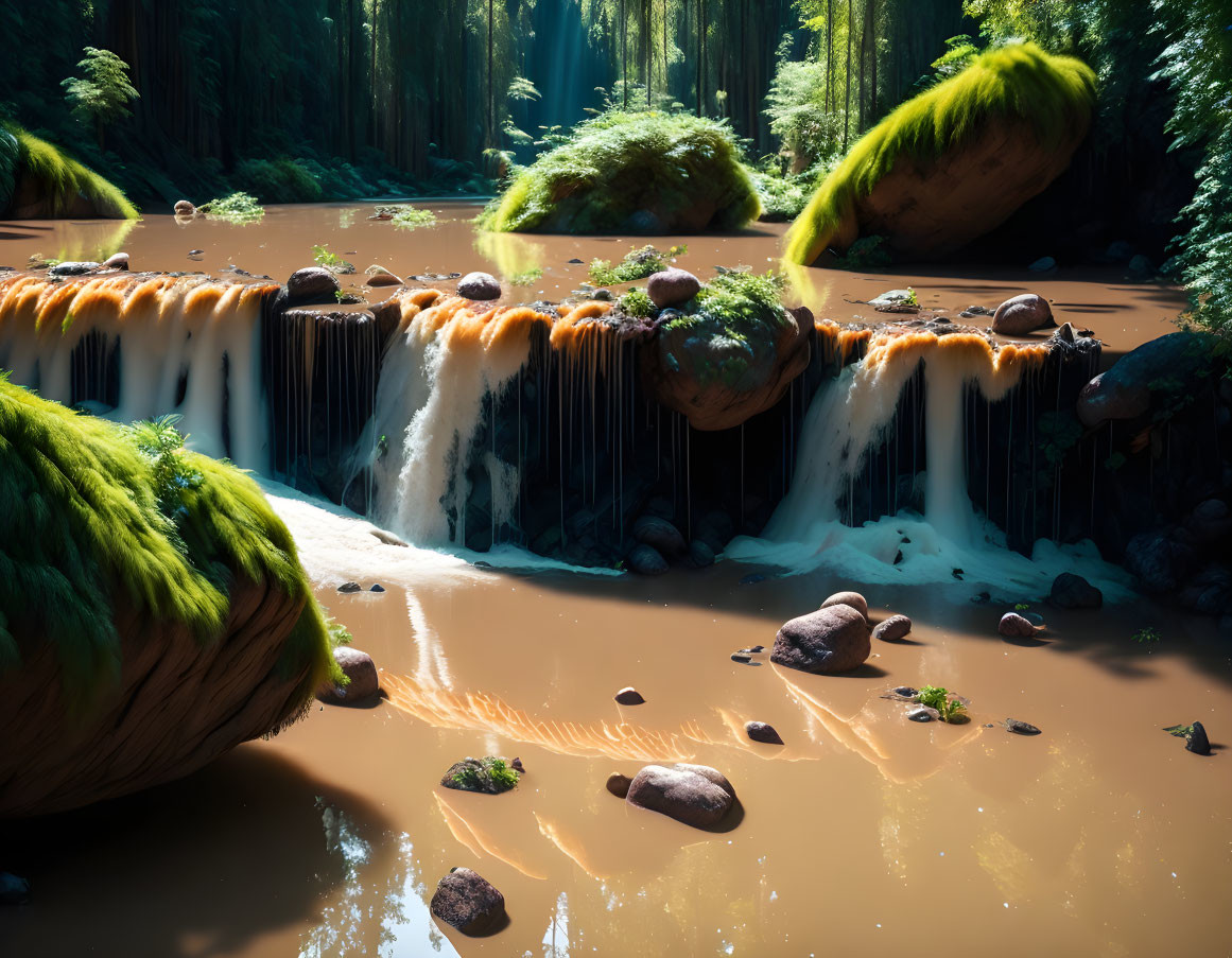 Tranquil forest waterfall with moss-covered rocks and sunlight glow