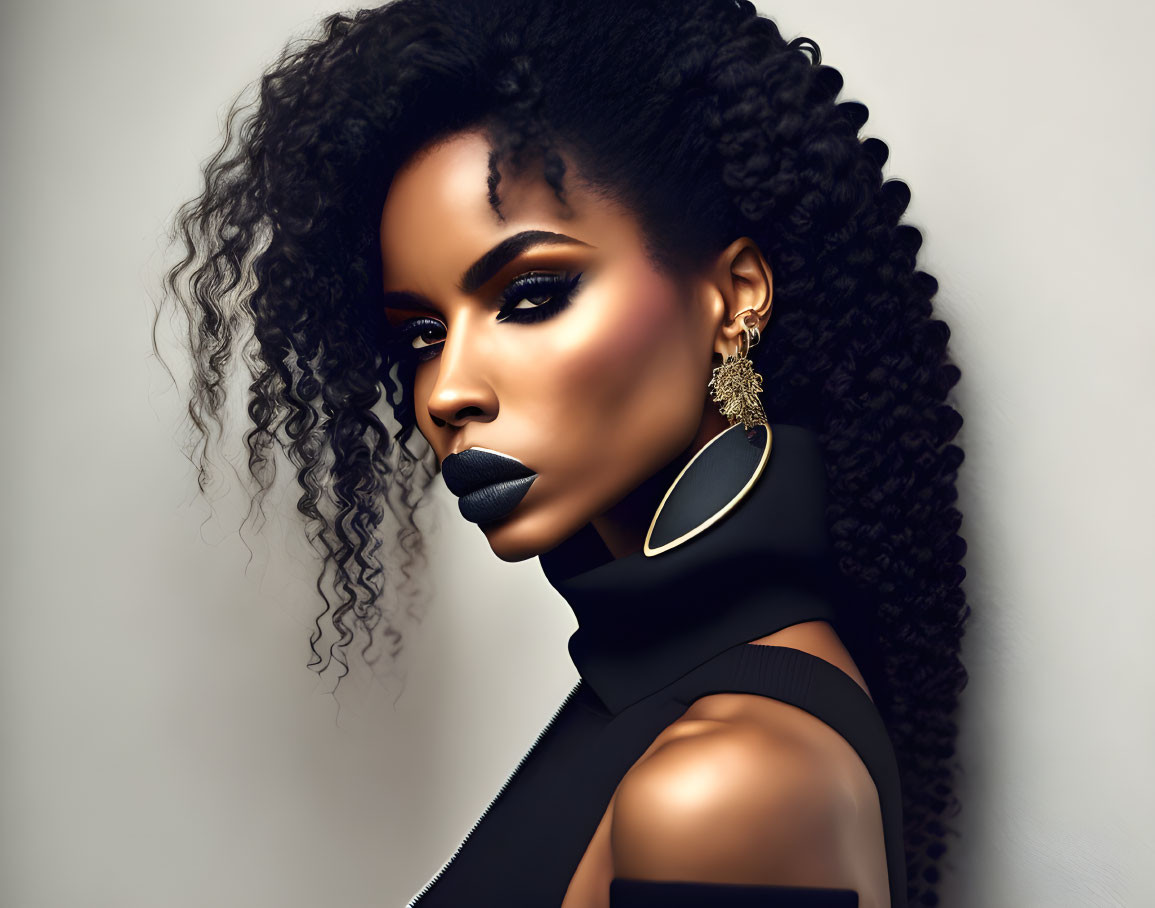 Portrait of woman with curly hair, dark lipstick, hoop earrings & black outfit