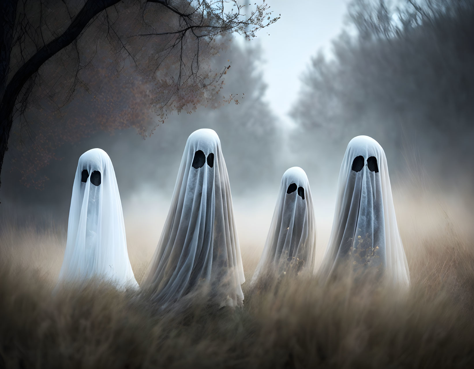 Ghostly Figures in Misty Autumn Woods with White Sheets