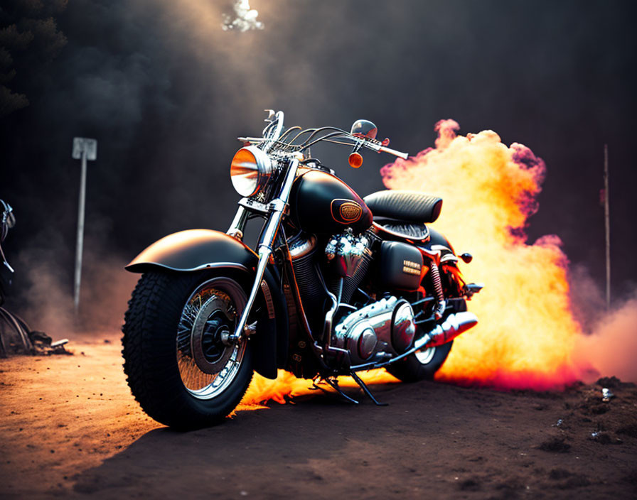 Classic Motorcycle with Chrome Details Against Dramatic Orange Smoke Background