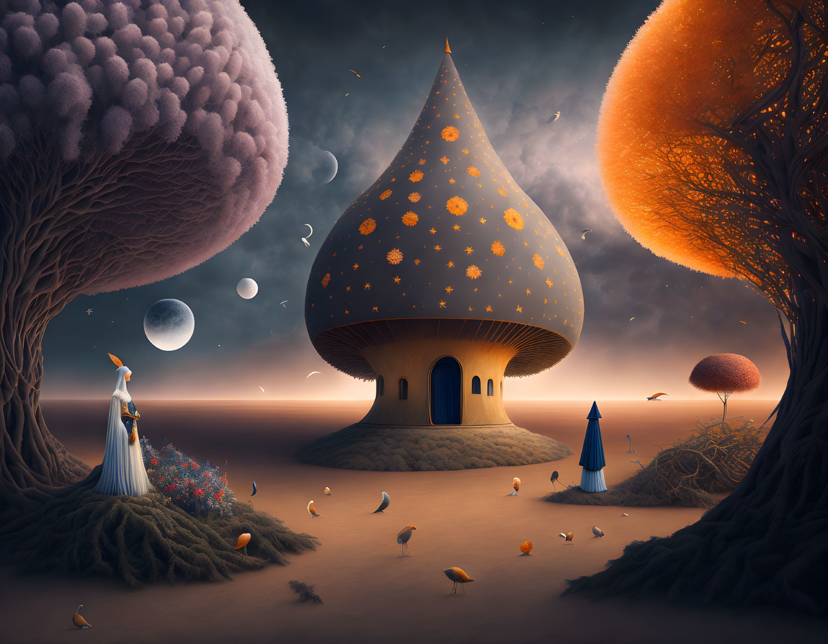 Whimsical dusk landscape with onion-shaped building, figures in robes, oversized mushrooms, colorful trees,