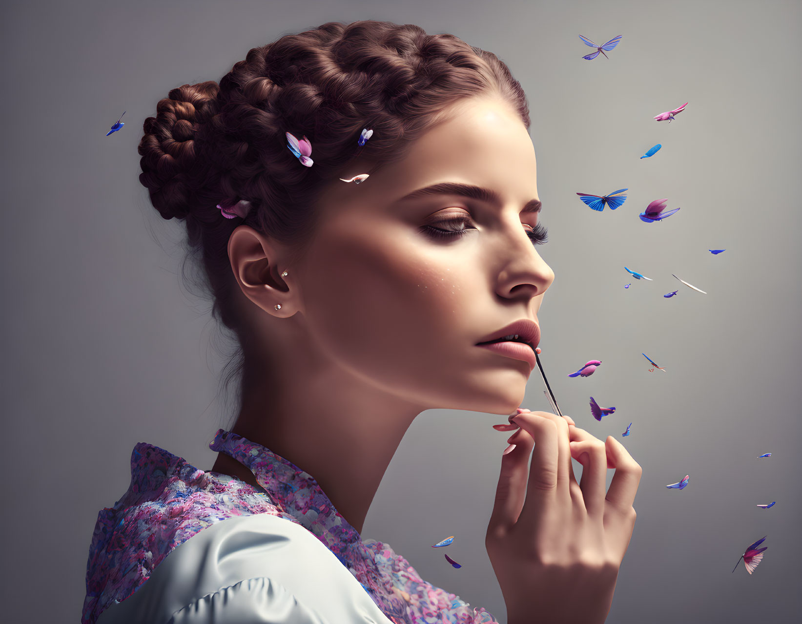 Woman with Braided Hair Contemplating Surrounded by Butterflies