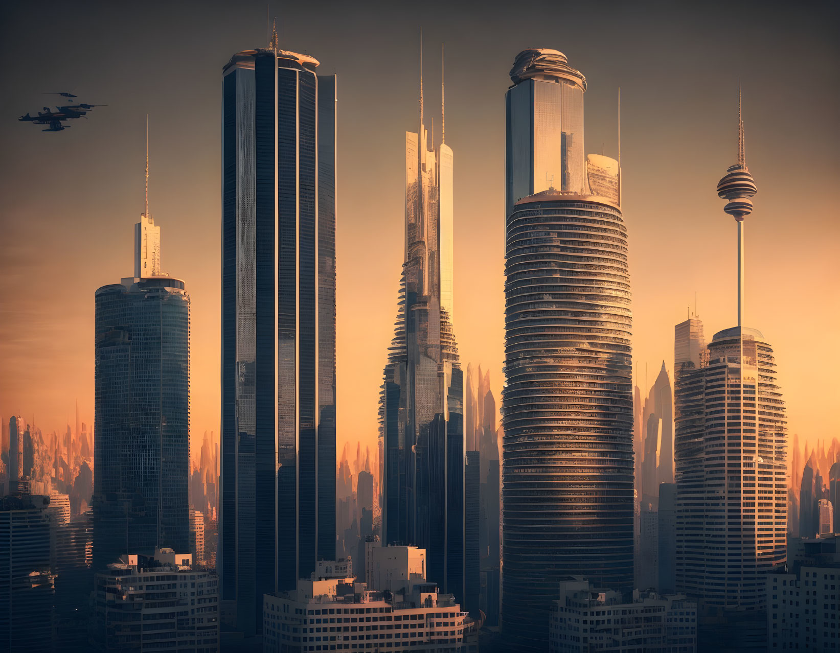 Futuristic cityscape with towering skyscrapers at sunset