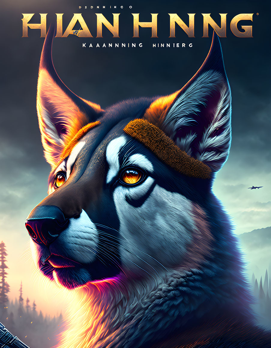 Vibrant wolf poster with intense eyes, forest backdrop, and flying bird