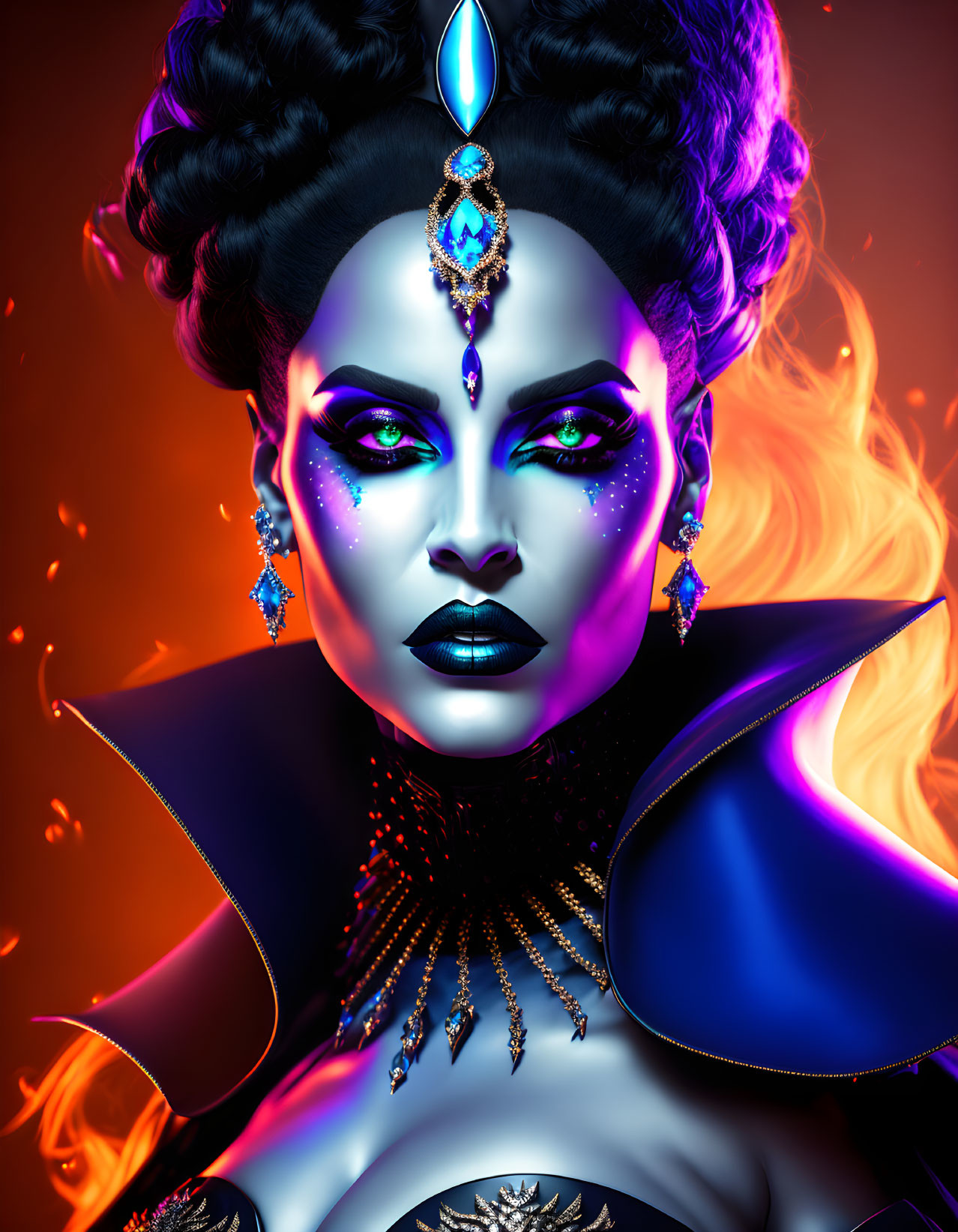 Vibrant digital artwork of woman with blue and purple makeup on fiery orange backdrop