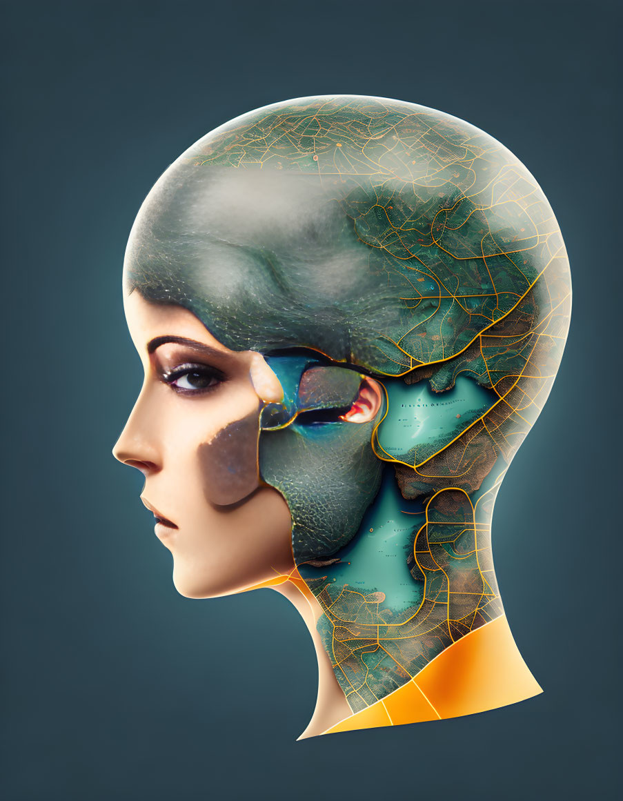 Digital illustration: Humanoid profile with transparent cranium and golden circuit board lines on teal background