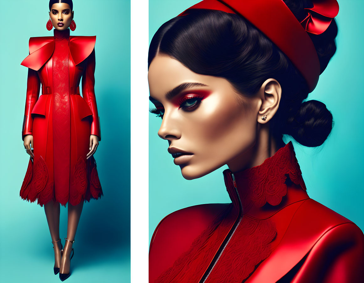 Avant-garde fashion model in red outfit and structured hat on teal background