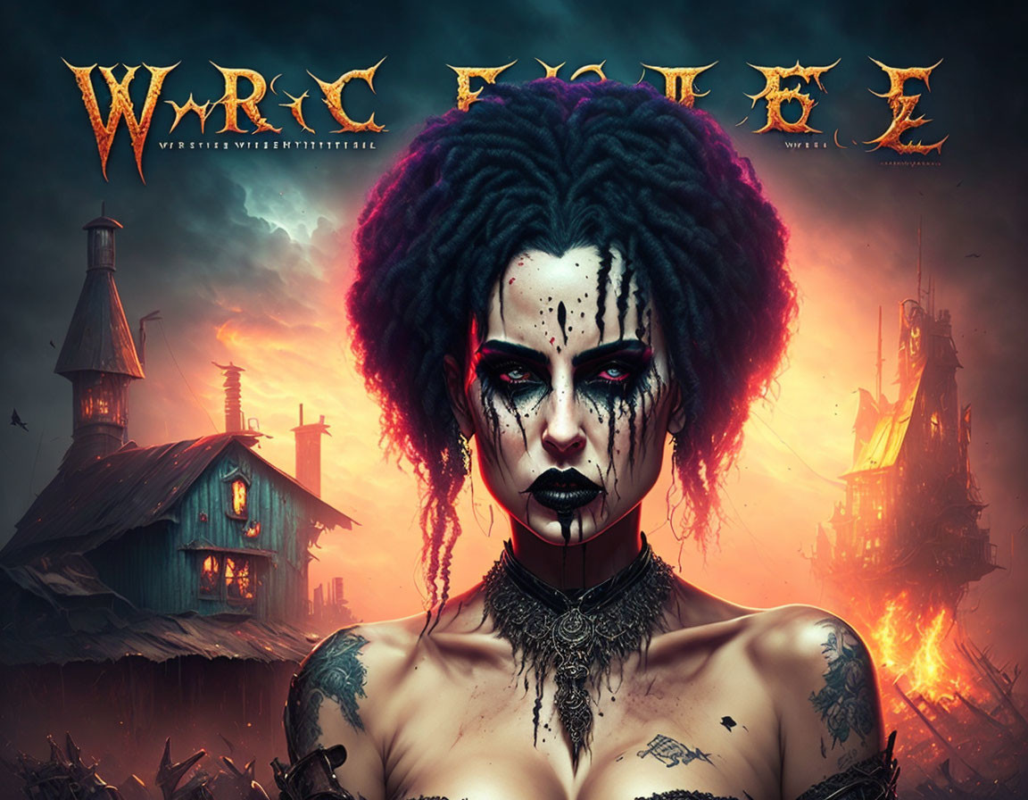 Gothic female figure with dramatic makeup and tattoos in fiery dystopian setting