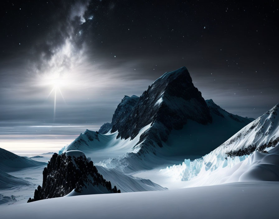 Snow-covered mountain under starry sky with bright moon - Serene night landscape