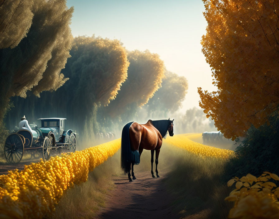 Horse in Country Lane with Carriage and Golden Foliage