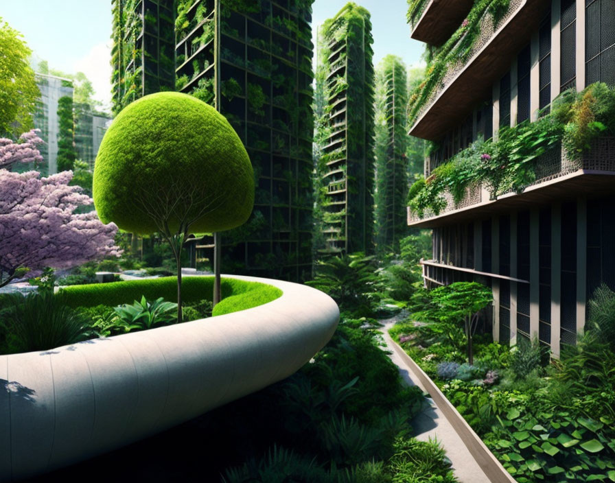 Futuristic green buildings in lush urban garden