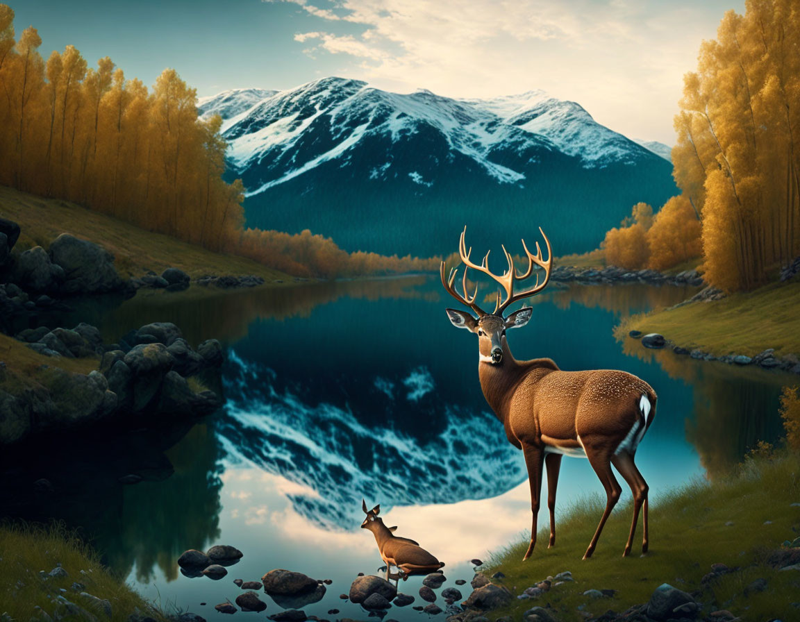 Majestic deer with large antlers at tranquil mountain lake